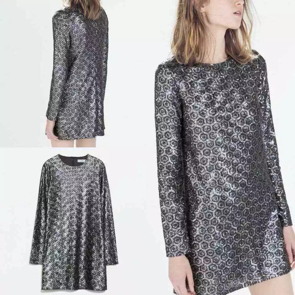 NWT Zara Silver Gray Sequin Cocktail Dress M 5598/224